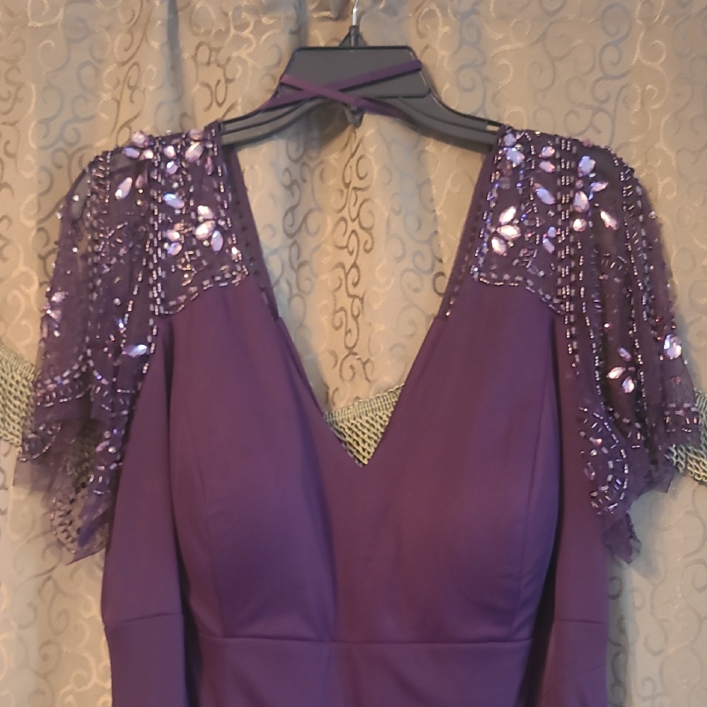 Xscape Purple Dress with Embellished Sleeves